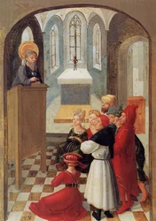 Weingartener Heilig-Blut-Tafel von 1489. Tafel 5: In Mantua bekehrt Longinus viele Menschen zum christlichen Glauben